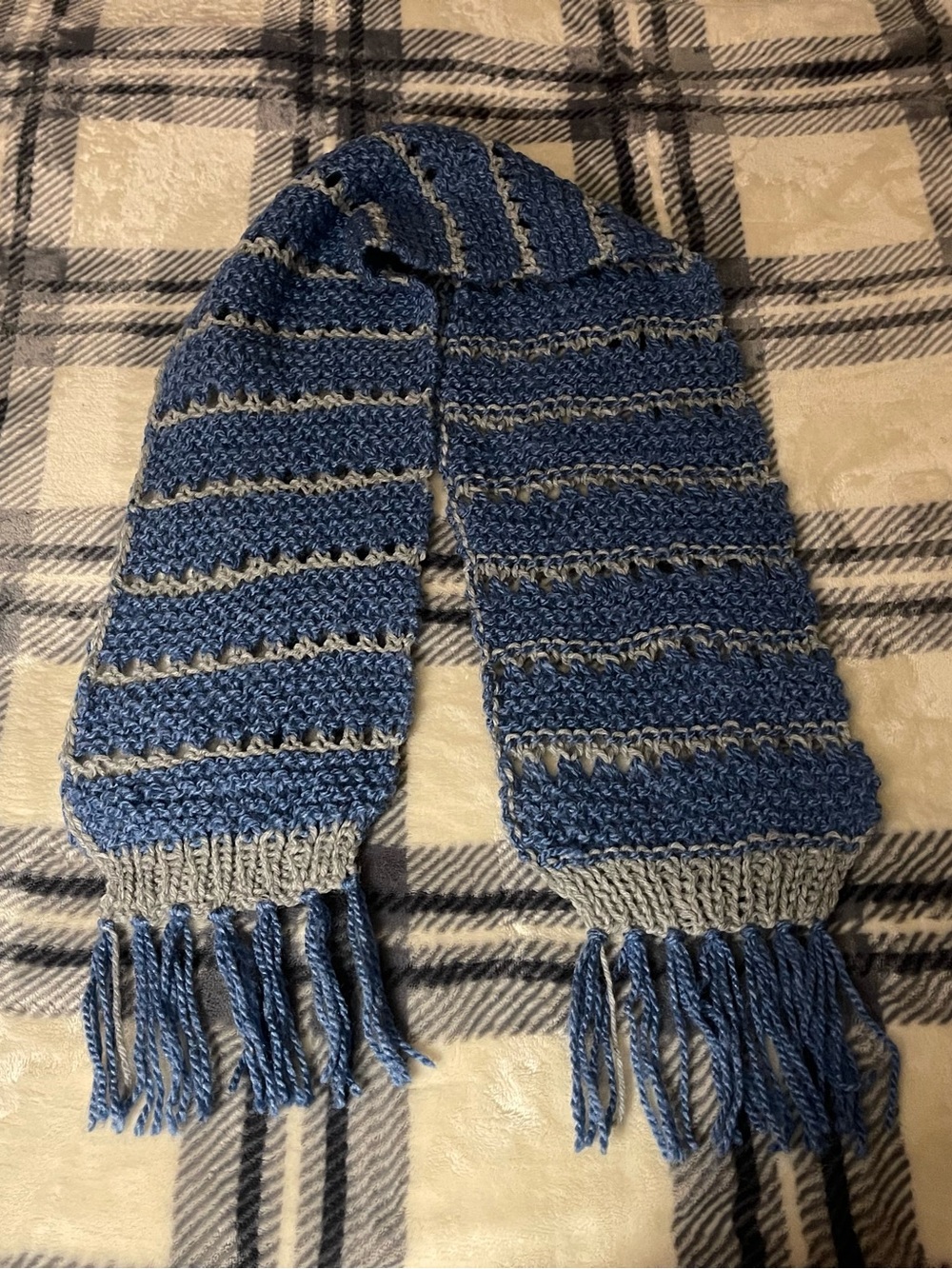 Hand-Knit Blue and Gray Striped Scarf with Fringe
